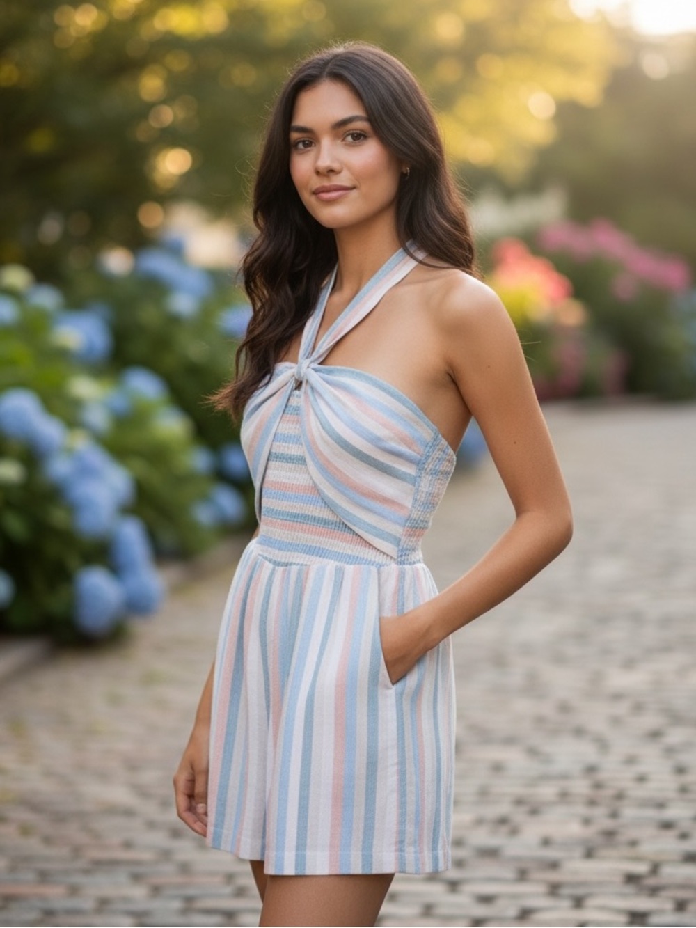 American Eagle NWT Striped Twist Front Smocked Romper Medium Pastel Blue Pink